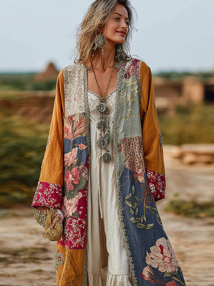 Comstylish Bohemian Style Plant And Flower Embroidery Printed Women's Cotton And Linen Long Cardigan