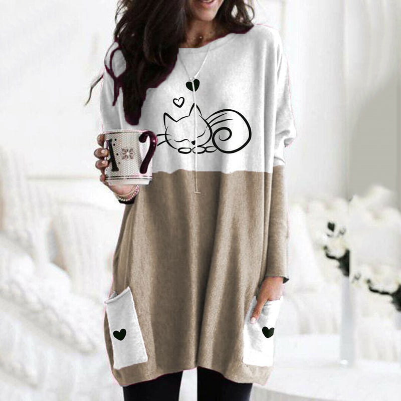 Comstylish Cute Cat Print Long Sleeved Tunic