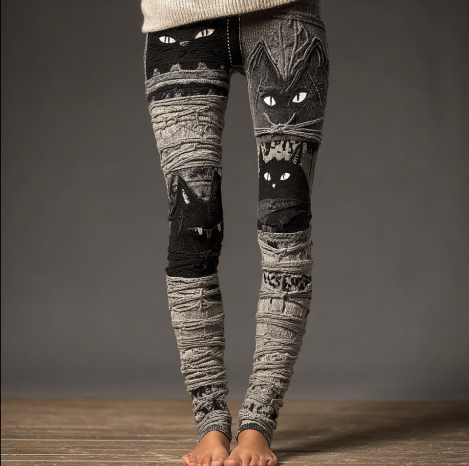 Comstylish Halloween Fun Cat Design Women's Knitted Leggings