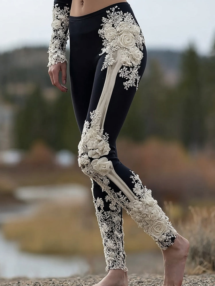 Comstylish Classy Skeleton Roses Embroidered Casual Leggings