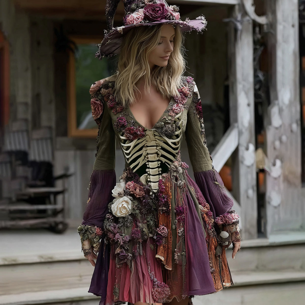Comstylish Women's Halloween Rose And Skull Casual Midi Dress