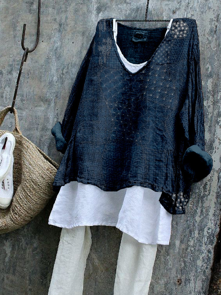 Comstylish Japanese Traditional Sashiko Art Linen Blend Tunic