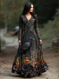 Comstylish Halloween Crow & Rose Dark Witch Art Women's V-neck Long-sleeve Maxi Dress