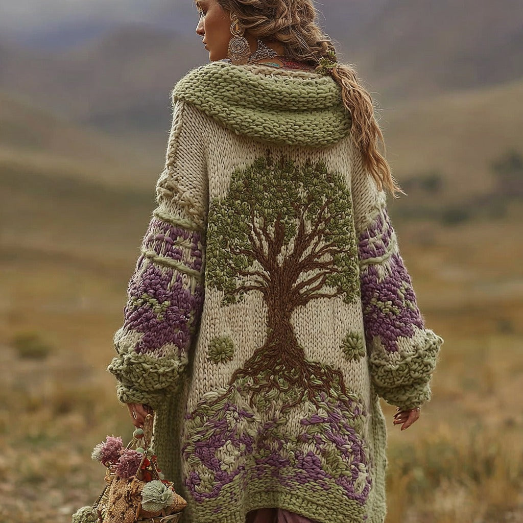 Comstylish Women's Vintage Viking Tree Of Life And Floral Pattern Knitted Cardigan Sweater