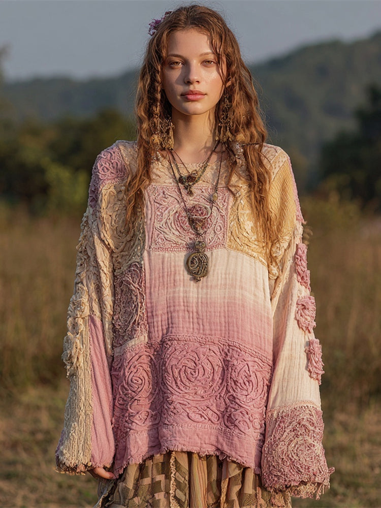 Celtic Knot Art Boho Floral Embroidery Women's Linen Loose Top artswardrobe