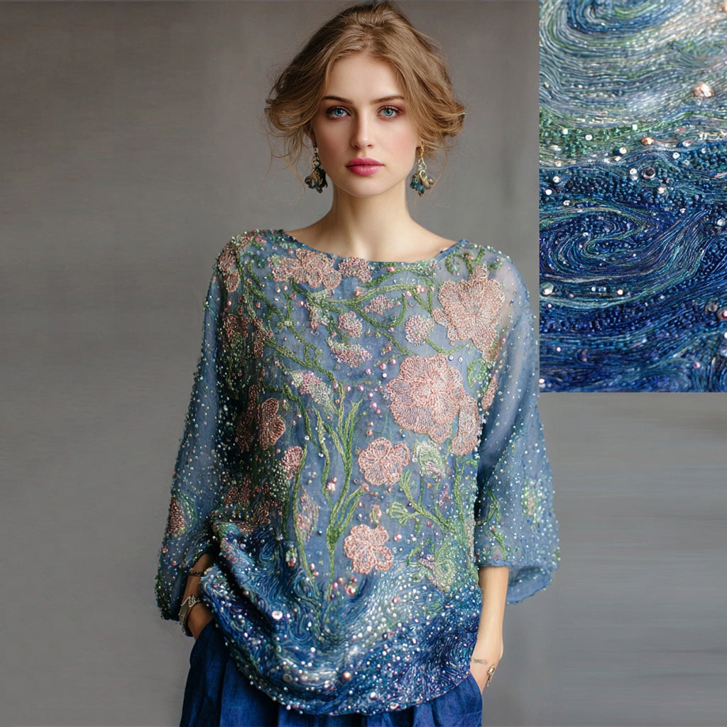 Women's Oil Painting Floral Contrast Color Sequined T-shirt