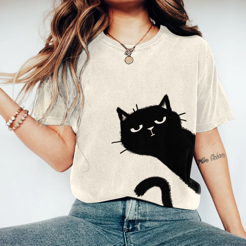Comstylish Women's Abstract Creative Cute Black Cat Art Print T-shirt