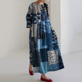 Comstylish Vintage Japanese Traditional Sashiko Floral Blooming Patchwork Art Cropped Print Casual Midi Dress