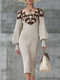 Retro Round Neck Beige And Brown Pattern Knitted Midi Dress