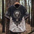 Men's Viking Tribal Skull Runes Embroidery Art Linen Crew Neck T Shirt artswardrobe