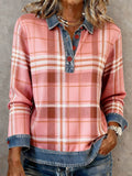 Women'S Casual Lapel Contrast Color Stitching Plaid Top 