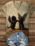 Comstylish Women's Black Cat Art Print Casual T-shirt
