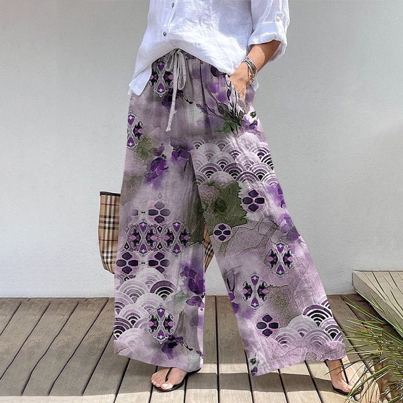 Comstylish Retro Elegant Japanese Watercolor Art Print Cotton Linen Wide Leg Pants