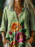 Women's Bohemian Floral Art Print Casual Cotton Linen Shirt