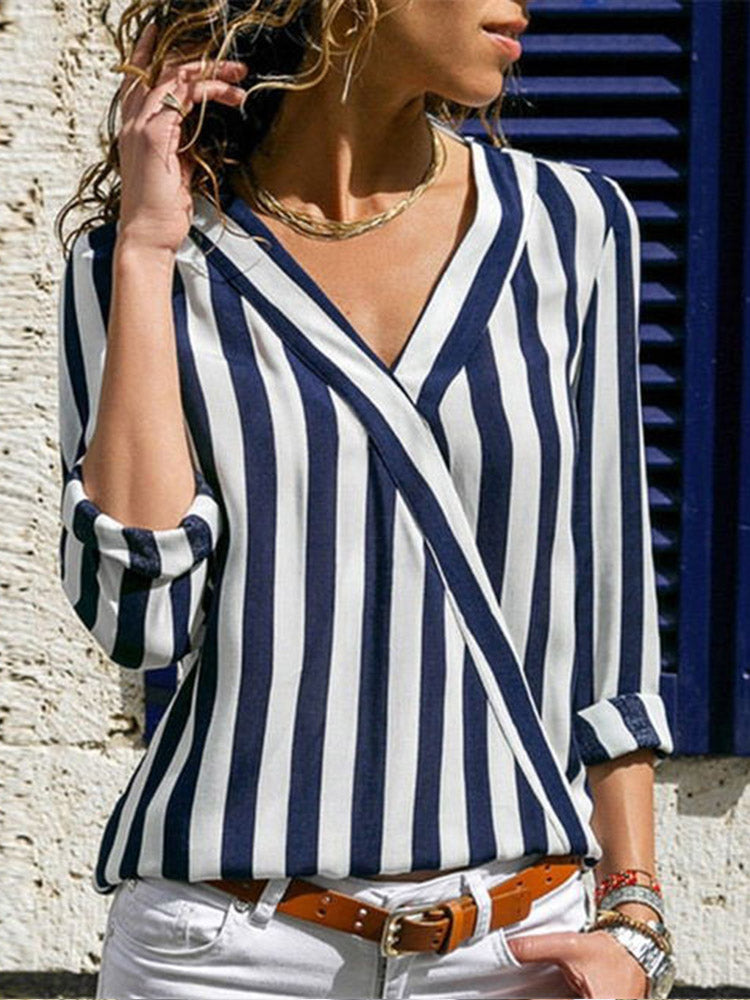 Comstylish Striped Linen Blend V-Neck Long Sleeve Shirt