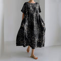 Comstylish Vintage Japanese Traditional Sashiko Floral Art Printed Crew Neck Casual Midi Dress