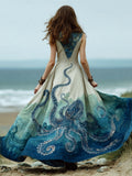 Ocean Octopus Art Vintage Women's Linen Vest Maxi Dress artswardrobe