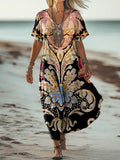 Women's Vintage Ethnic Floral Art Print Pocket Cotton Dress