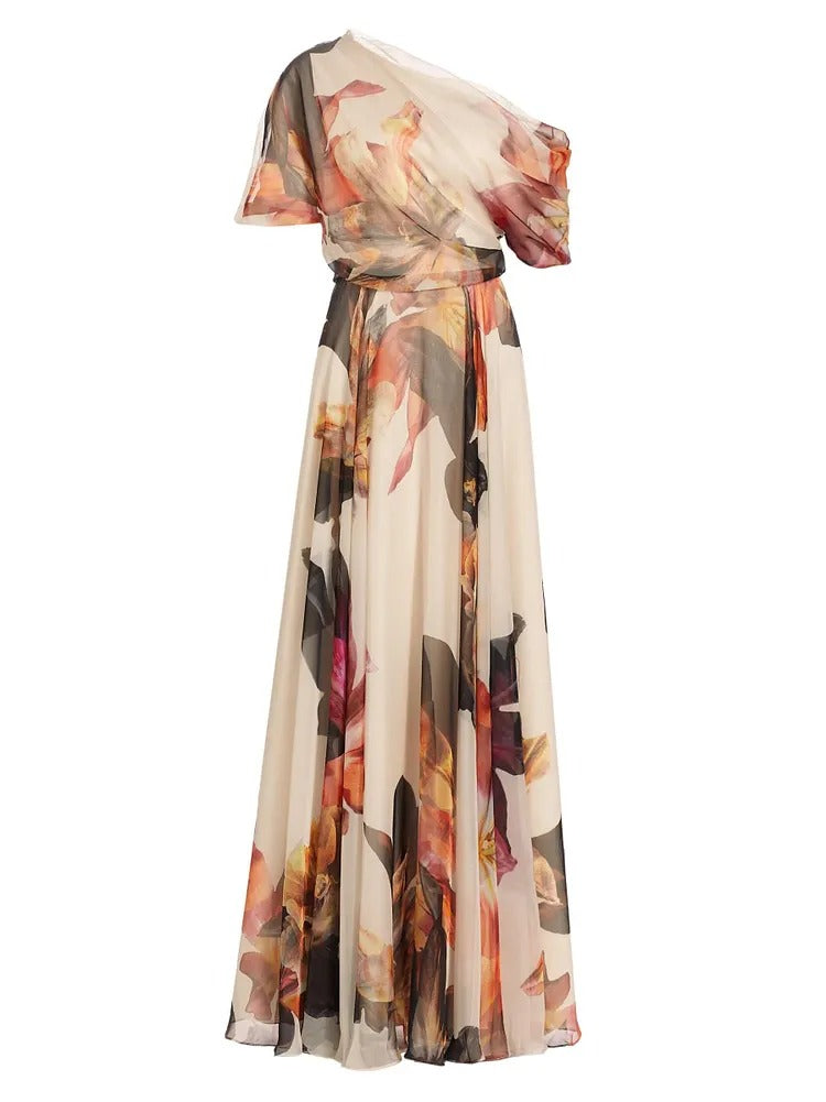 French Sky Blue Asymmetrical Print Chiffon Long Dresses Summer