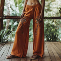 Women's Boho Floral Embroidery Art Linen Casual Pants artswardrobe