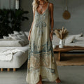 Vintage Tribal Boho Pattern Art Linen Comfy Maxi Dress artswardrobe