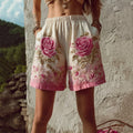 Vintage Pink Roses Embroidered Gradient Art Linen Shorts artswardrobe