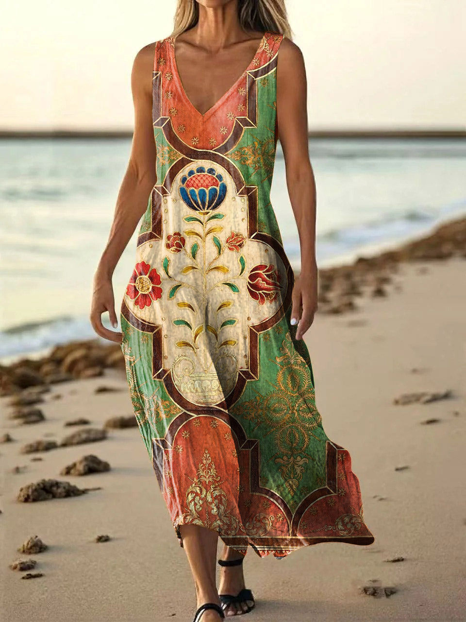 Women's Vintage Ethnic Tattoo Pattern Art Print Pocket Cotton Dresses