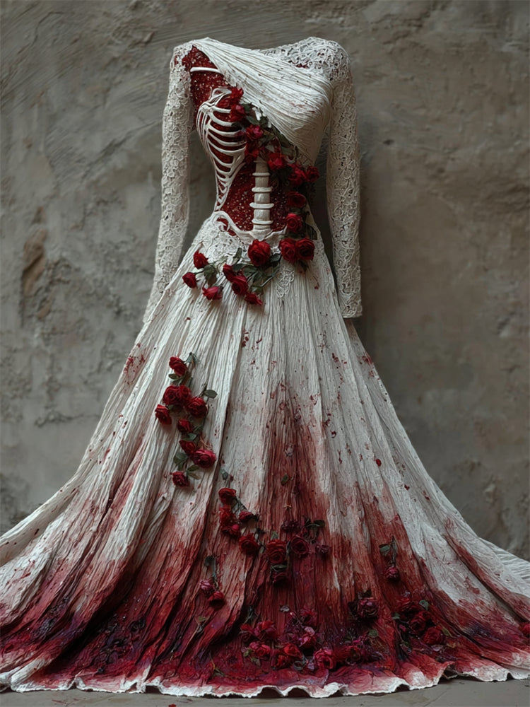 Comstylish Halloween Bloody Red Roses Skeleton Lace Linen Maxi Dress