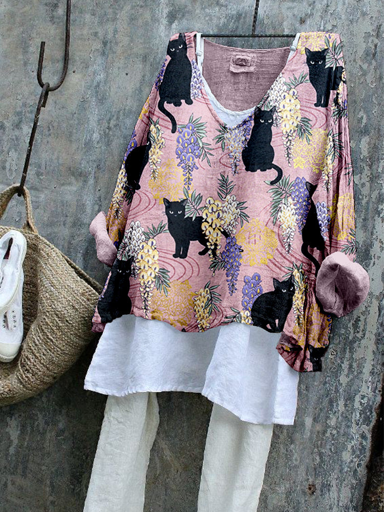 Wisteria Flowers and Black Cats Linen Blend Tunic elevenforest