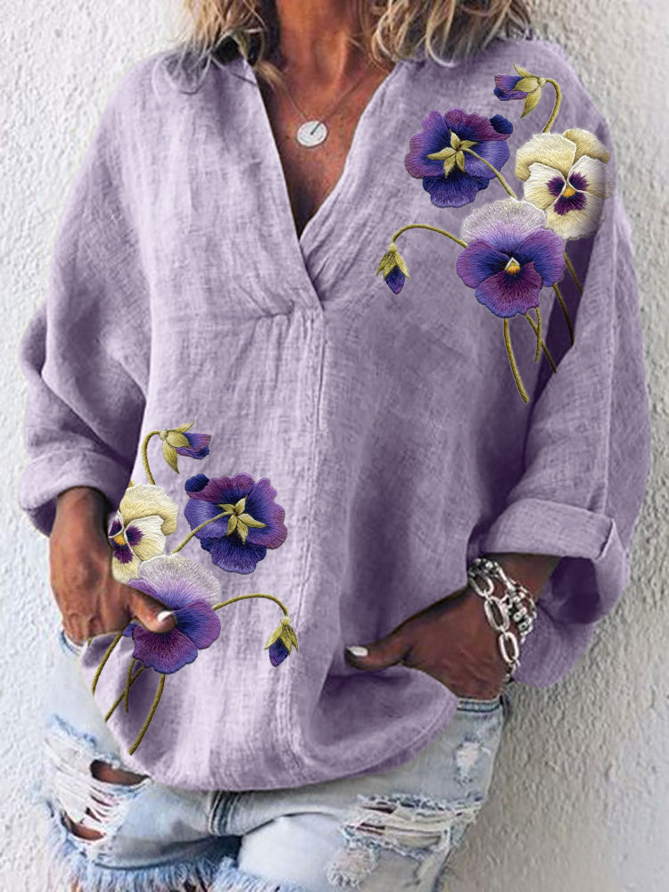 Comstylish Classy Pansy Flowers Embroidered Linen Blend Tunic