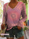 Women's Retro Kaleidoscope Print Casual V-neck Long Sleeve T-shirt