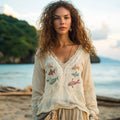 Shoal Of Fish Embroidery Print Linen Blend Loose Blouse artswardrobe