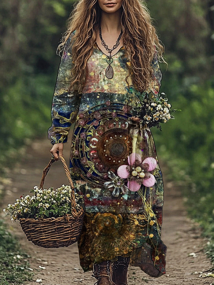 Western Vintage Floral Pattern Women's Flowy Maxi Dress artswardrobe