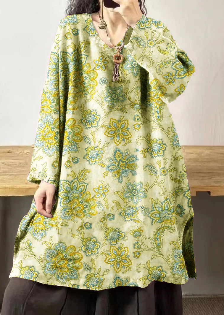 Mulberry V Neck Embroidered Patchwork Linen Mid Dresses Fall