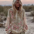 Women's Vintage Pink Floral Embroidery Art Casual Hoodie artswardrobe