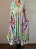 Women's Art Floral Hippie Vintage Print V Neck Dress
