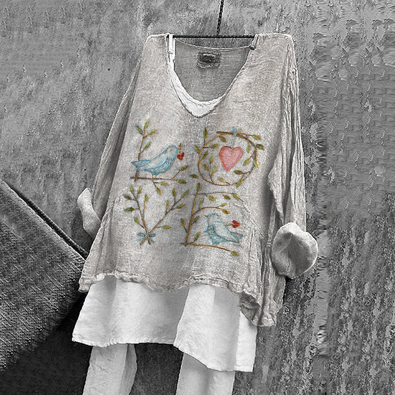 Women's Vintage Love Birds Embroidery Cotton And Linen Shirt artswardrobe
