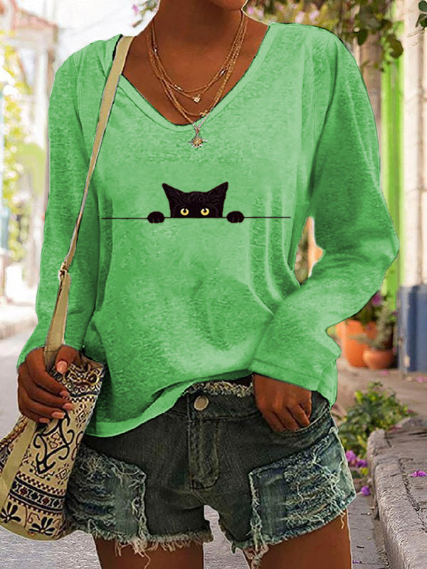 Comstylish Women's Casual Funny Black Cat Print T-shirt