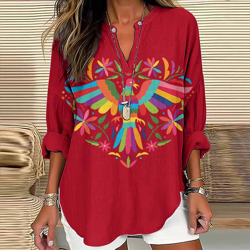 Women's Floral And Bird Art Print Cotton And Linen Long Sleeve Shirt artswardrobe