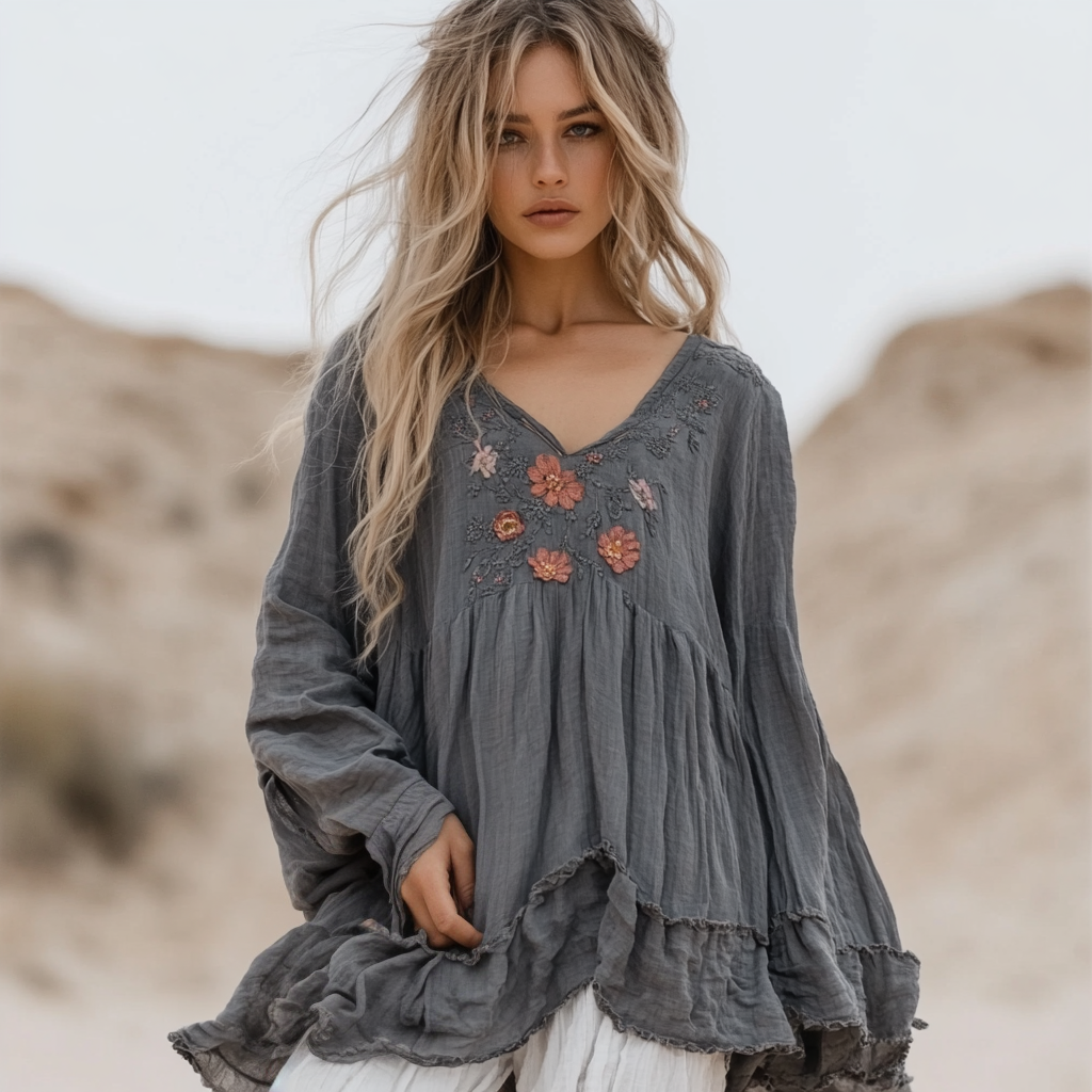 Vintage Bohemian Floral Irregular Linen Shirt artswardrobe