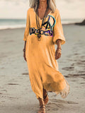 Women's Love Peace Hippy Pattern Art Print Pocket Cotton Dresses
