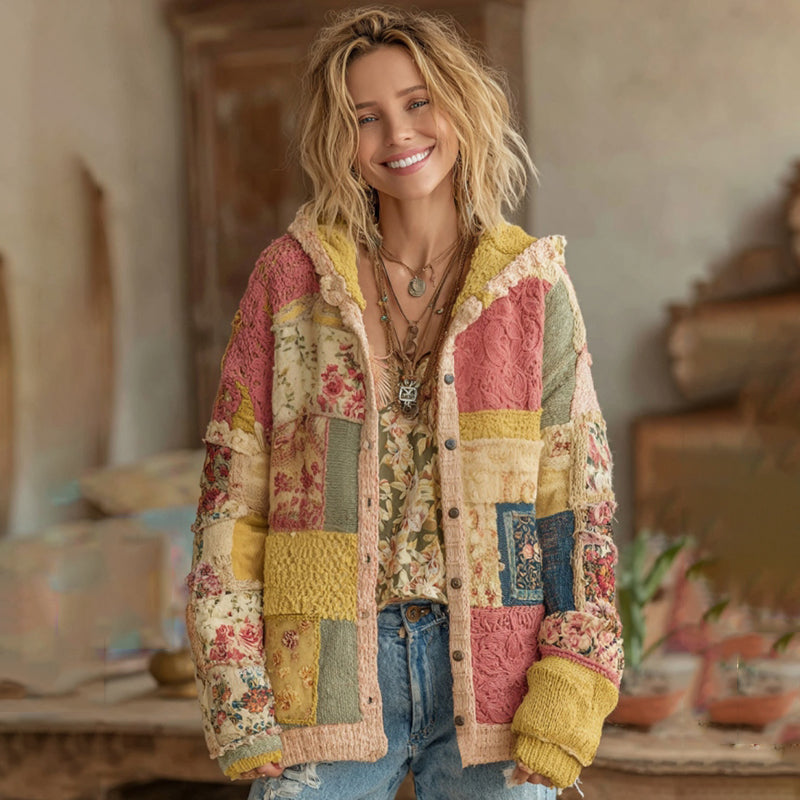 Comstylish Women's Vintage Patchwork Floral Art Hooded Cardigan