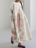 Comstylish Pink Floral Japanese Watercolor Art Linen Maxi Dress