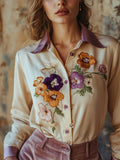 Comstylish Women's Multicolor Pansy Flowers Embroidered Contrast Silk Shirt