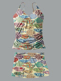 V-Neck Vacation Summer Multicolor Fish Art Print Suspender Skirt Tankini Pantskirt Set Swimsuit