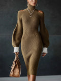 Olive Ribbed Knit Cold Shoulder Long Sleeve Bodycon Dress