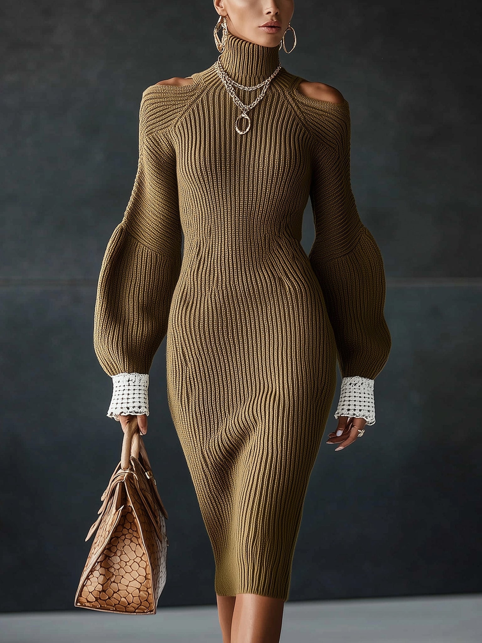 Olive Ribbed Knit Cold Shoulder Long Sleeve Bodycon Dress