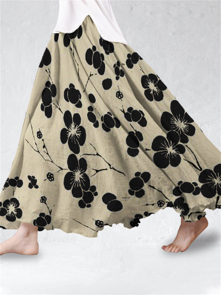 Comstylish Cherry Blossom Japanese Art Linen Blend Flowy Wide Skirt