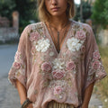 Women's Embroidered Rose Sequin Vintage Casual Short-sleeved Shirt artswardrobe