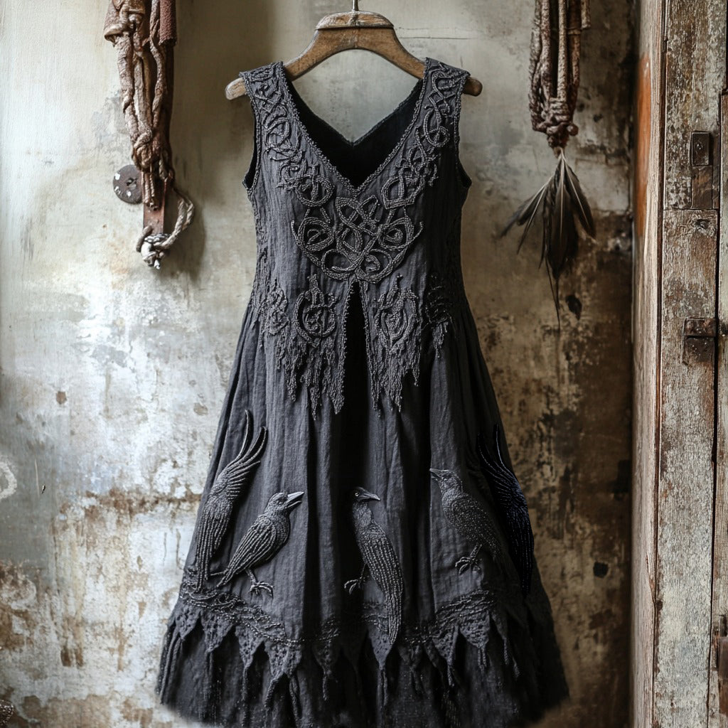 Women's Tribal Dark Night Raven Embroidery Celtic Lace Art Tank Dress artswardrobe